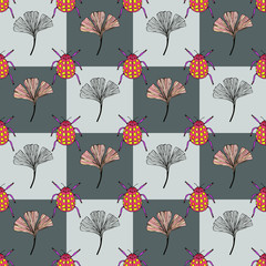 decorative bug, ladybug.  decorative flowers seamless pattern. eps10 vector illustration. hand drawing