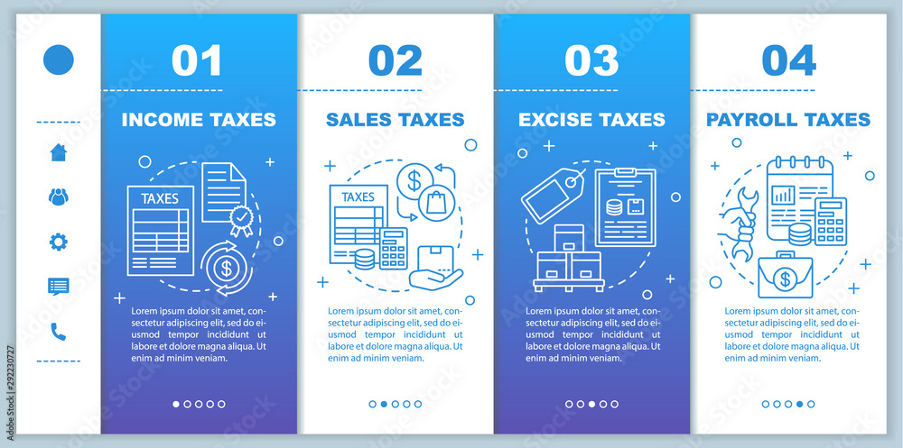 Wall mural us taxes types onboarding mobile web pages vector template. income tax. responsive smartphone websit