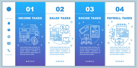 US Taxes types onboarding mobile web pages vector template. Income tax. Responsive smartphone website interface idea with linear illustrations. Webpage walkthrough step screens. Color concept