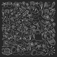 Naklejka premium Vector pattern with little chilren. Family summer vacations. Beach, ocean, island, sun. Kids play. Swimming and relaxation.