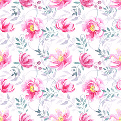 Seamless pattern with wild summerpink roses , peony, elegant  pastel floral elements on a white background. .Hand painted in watercolor.