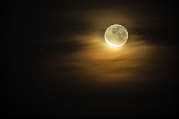 Waxing crescent moon as seeing from the southern hemisphere. Amazing the moon rough surface full of...