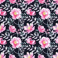 Seamless pattern with wild pink roses , elegant  pastel floral elements on a black background. .Hand painted in watercolor.
