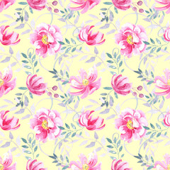 Seamless pattern with wild pink roses , elegant  pastel floral elements on a yellow background. .Hand painted in watercolor.