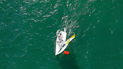 Obraz premium Aerial photo of sail boats practising for regatta near port of Mikrolimano, Piraeus, Attica, Greece