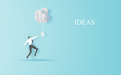 Business man Jump to hold money balloons.Creative paper cut and craft style.People finance success concept.Graphic minimal simple management information idea space for your text.vector illustration © 3d-ganeshaArtphoto