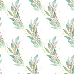 Blooming magnolia buds on twig seamless watercolor raster pattern