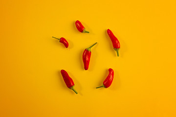 Red peppers on yellow background
