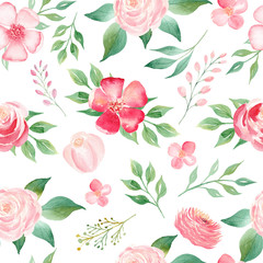 Summer bloomy flowers bouquet seamless watercolor raster pattern