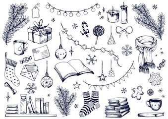 Christmas sketch. Collection of cosy home elements, candles, books and holiday decoration. Hand drawn vector illustration.