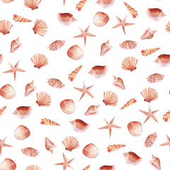 Underwater aquarium, seashell and starfish seamless watercolor raster pattern