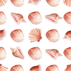 Tropical underwater life, seashell seamless watercolor raster pattern