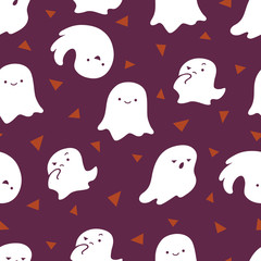 Funny simple seamless Halloween pattern with ghosts and purple background