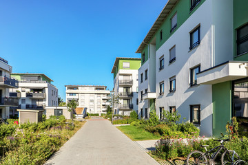 Housing estate with modern residential buildings in the city