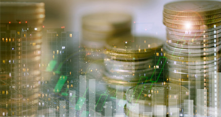 Financial investment concept, Double exposure of city night and stack of coins for finance investor, Forex trading candlestick chart, Cryptocurrency  Digital economy. economy growing.