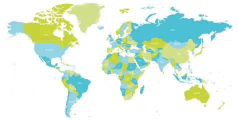 Weltkarte in Grün- und Blautönen. Hochdetaillierte politische Karte mit Ländernamen. Vektor-Illustration © pyty