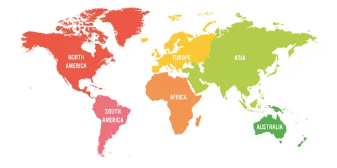 Poster World map divided into six continents. Each continent in different color. Simple flat vector illustration © pyty
