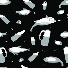 environmental disaster in water area. Pollution, plastic trash, waste, household garbage lead to death of fish and other inhabitants in sea, river, ocean, lake and pond. Vector seamless pattern