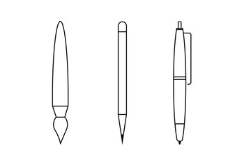 Pen, pencil, brush on white background, isolated. Stationery set, graphics
