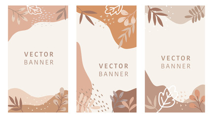 Abstract floral vector modern stories background. Hand-drawn leaves template.