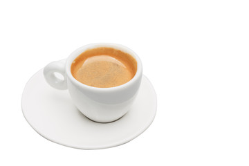 Hot espresso coffee in a white coffee cup.