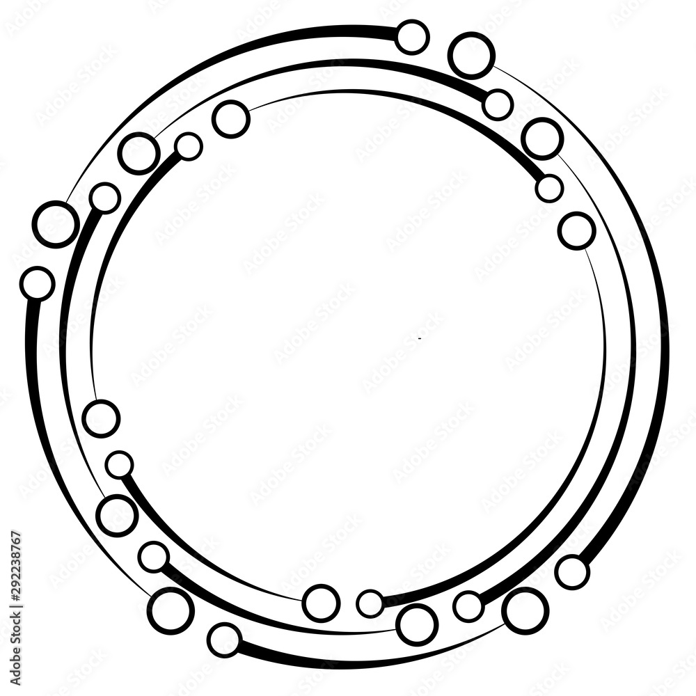 Poster Plexus, wire-frame radial circles with nodes. Geometric spiral for technology, block chain, circuit like themes. Cycle rings design. Swirl, twirl, vortex concentric lines. 