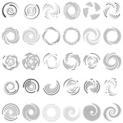Twirl, spiral, swirl circle set of 30. Random radial, radiating circular lines. Volutes, helix set illustration. Concentric  rings set