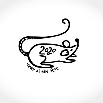 Year of the Rat 2020. Line art Rat and the inscription 2020. Vector Illustration sketch of a funny mouse. Rat 2020 on the Chinese Calendar.