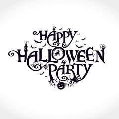 Happy Halloween Party cute scary logo with a witch, ominous trees, a black cat and other Halloween characters. Halloween vector lettering composition for banner, poster, greeting card, party invitatio