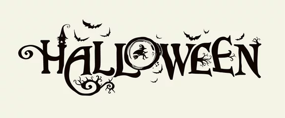 Sierkussen Halloween horizontale banner met vector logo. De inscriptie met onheilspellende boomtakken, vleermuizen en een mooie heks op een achtergrond van de volle maan. © difinbeker