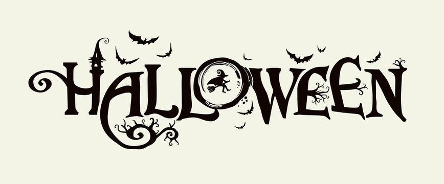 Halloween horizontal banner with vector logo. The inscription with ominous tree branches, bats and a pretty witch on a background of the full moon.