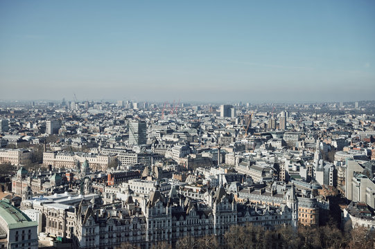 Streets of large city on cloudless day