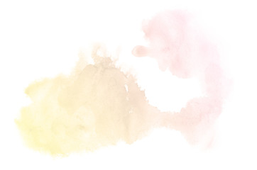 Abstract watercolor background image with a liquid splatter of aquarelle paint, isolated on white. Pink and yellow tones