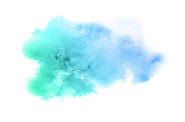 Fototapeta premium Abstract watercolor background image with a liquid splatter of aquarelle paint, isolated on white.Blue and turquoise pastel tones