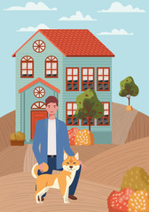 Obraz na płótnie Canvas young man with cute dog mascot in the autumn city scene