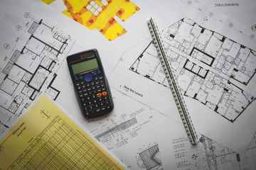 Detail view of architectural and structural construction drawings with designer tools. Landscape...