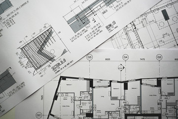 Detail view of architectural and structural construction drawings. Landscape format.