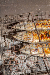 Grilled smoked Golden mackerel fish outside late at night
