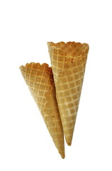 Empty waffle Cup for ice cream isolated on white background. Waffle cone on white background. Empty sugar waffle cones. 