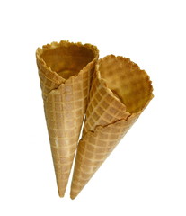 Empty waffle Cup for ice cream isolated on white background. Waffle cone on white background. Empty...