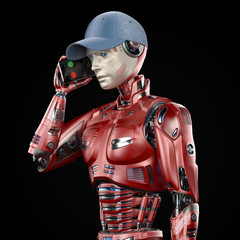 Futuristic android man or very detailed robot talks with somebody using his mobile phone like a human. Upper body isolated on black background. 3d render