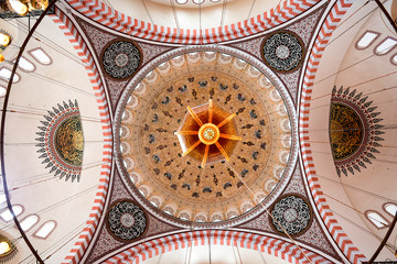Ceiling view with islamic arts in Suleymaniye Mosque in Istanbul, Turkey