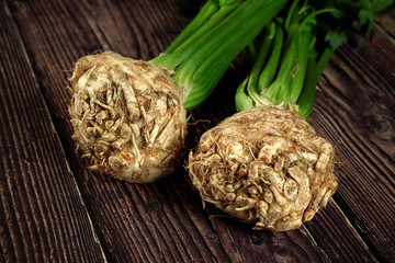 Two fresh raw round celery roots on dark wooden board, closeup detail