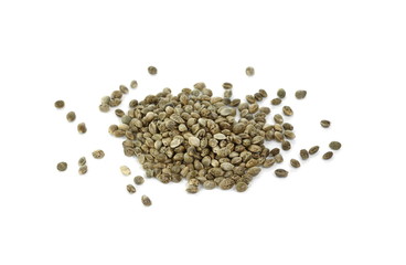 Hemp seeds on white background. Super food hemp seed.