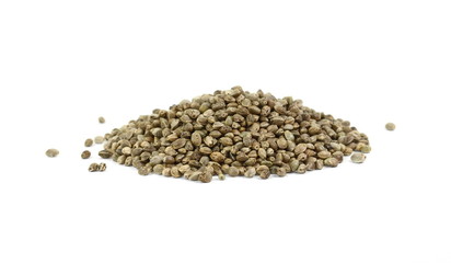 Hemp seeds on white background. Super food hemp seed.