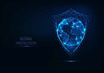 Futuristic glowing low polygonal shield and planet earth globe map isolated on dark blue background.