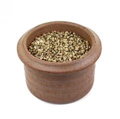 Hemp seeds on white background. Super food hemp seed.