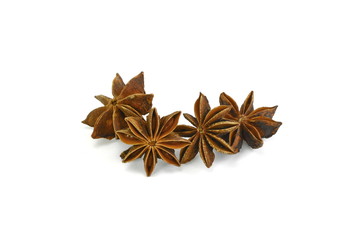 dry star anise fruits isolated on white. Star anise spice fruits and seeds isolated on white background closeup
