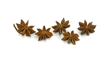 dry star anise fruits isolated on white. Star anise spice fruits and seeds isolated on white background closeup