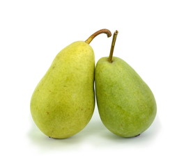 Green organic pears on white background